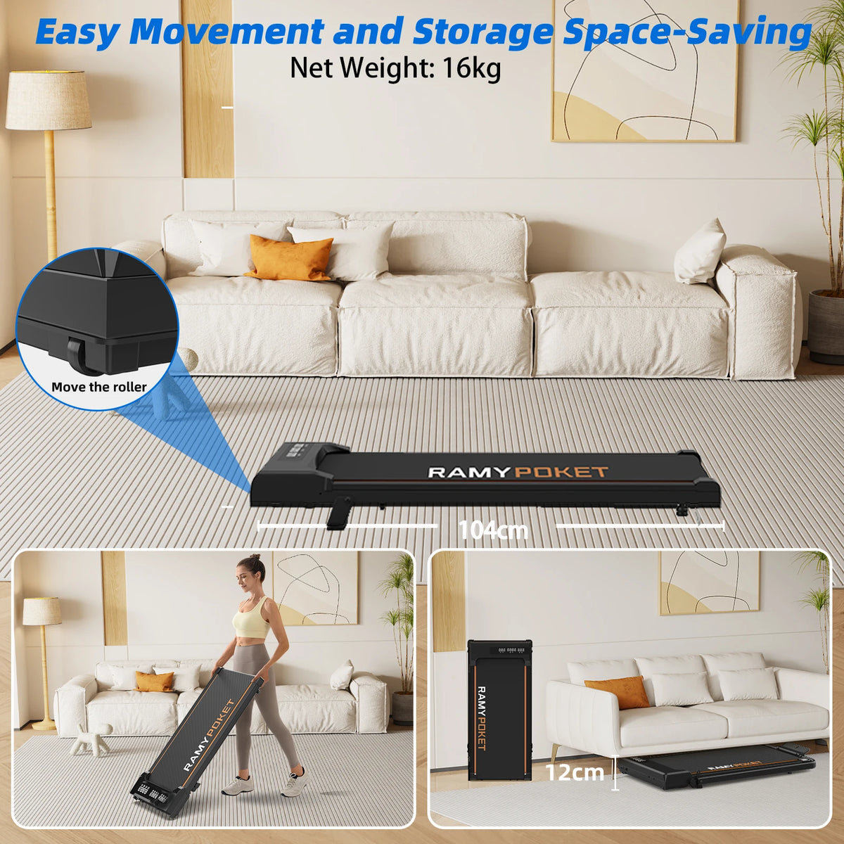RAMYPOKET Walking Treadmill Under Desk With App Control 9% Grade 1-8km/h 2.5hp 120kg Small Treadmills For Home