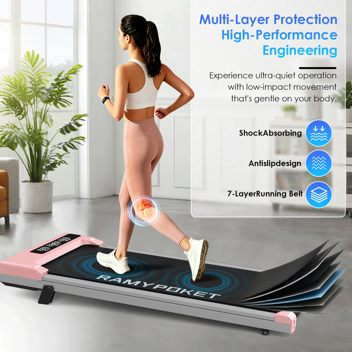 RAMYPOKET Walking Treadmill Under Desk With App Control 9% Grade 1-8km/h 2.5hp 120kg Small Treadmills For Home