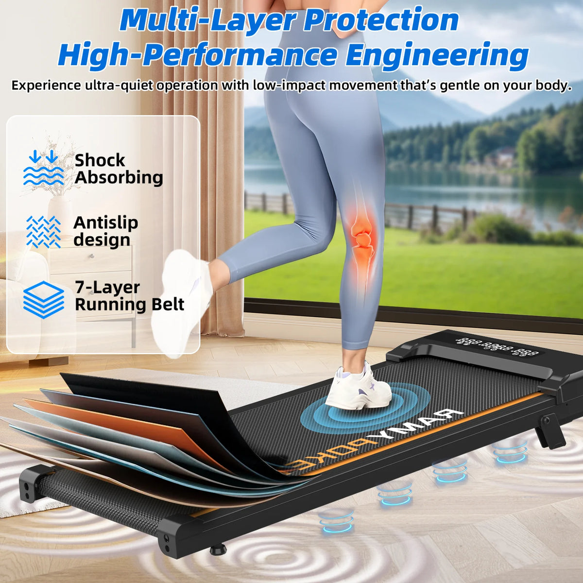 RAMYPOKET Walking Treadmill Under Desk With App Control 9% Grade 1-8km/h 2.5hp 120kg Small Treadmills For Home