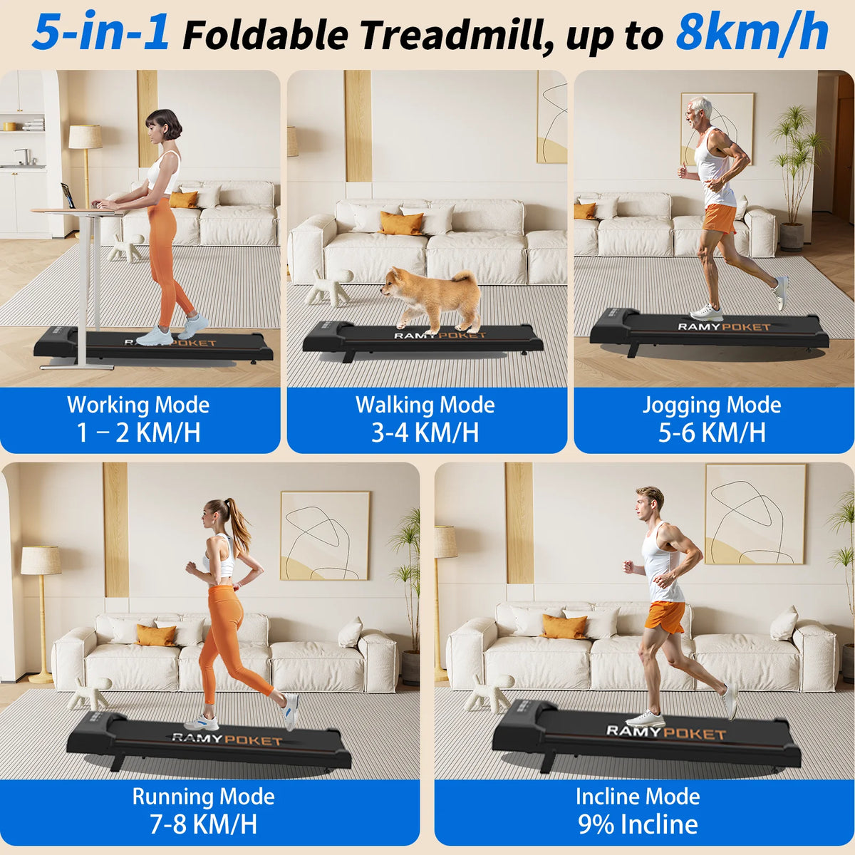 RAMYPOKET Walking Treadmill Under Desk With App Control 9% Grade 1-8km/h 2.5hp 120kg Small Treadmills For Home