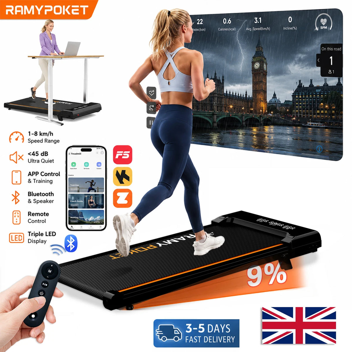 RAMYPOKET Walking Treadmill Under Desk With App Control 9% Grade 1-8km/h 2.5hp 120kg Small Treadmills For Home