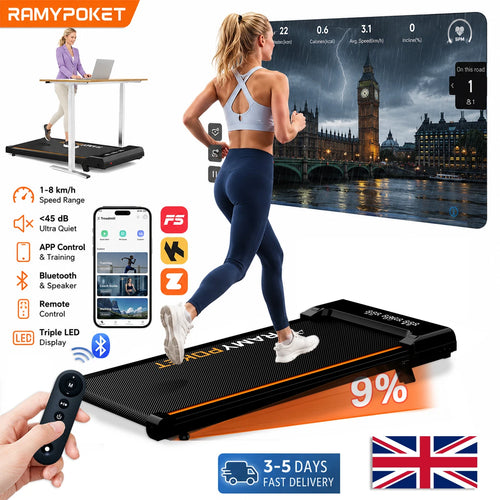 RAMYPOKET Walking Treadmill Under Desk With App Control 9% Grade 1-8km/h 2.5hp 120kg Small Treadmills For Home